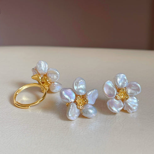 Keshi Pearl Flower Petal Earrings and Ring Set - House Of Pearls
